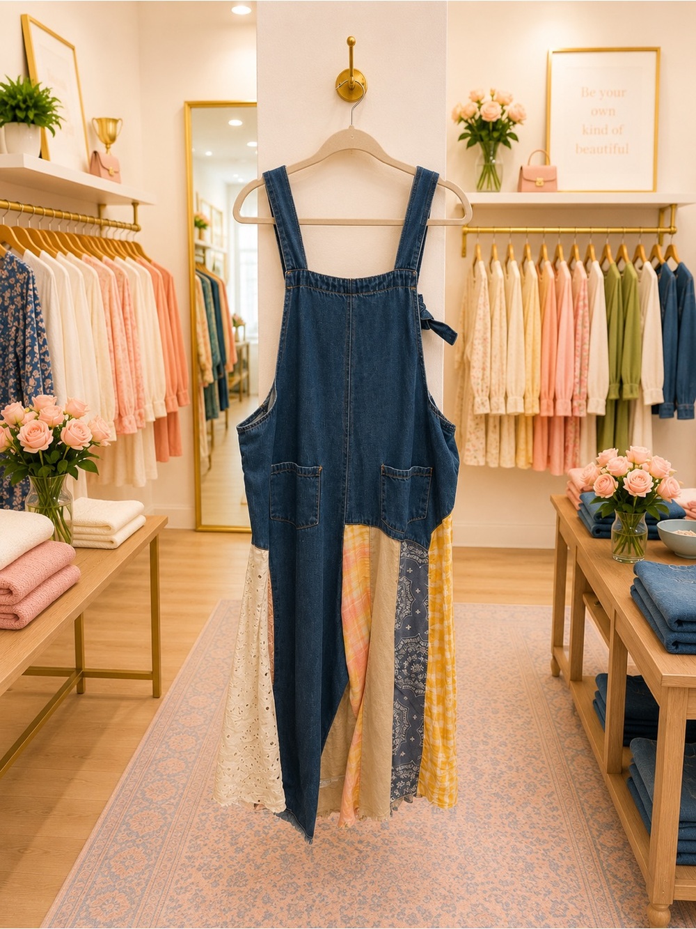 Easel Los Angeles Patchwork Denim Wide Leg Overalls Size Small Boho - Picture 2 of 7